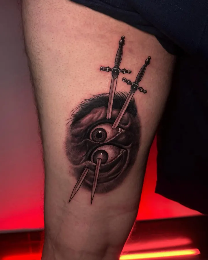 Black and grey tattoo by Dre: eye and two swords, thigh