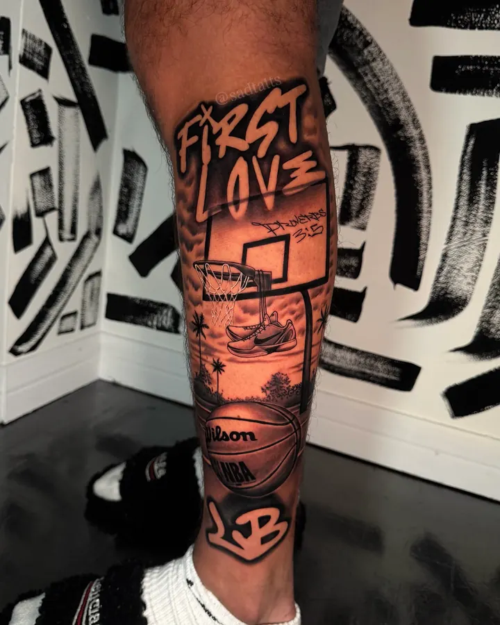 Black and grey tattoo by Dre: basketball and lettering, calf