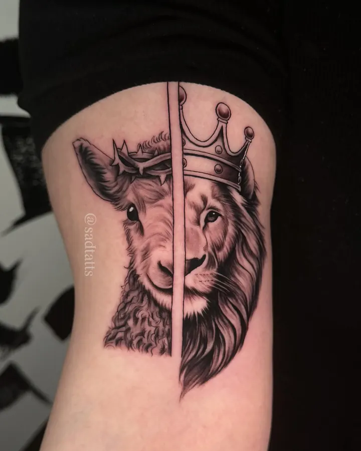 Black and grey tattoo by Dre: lamb and lion, upper arm