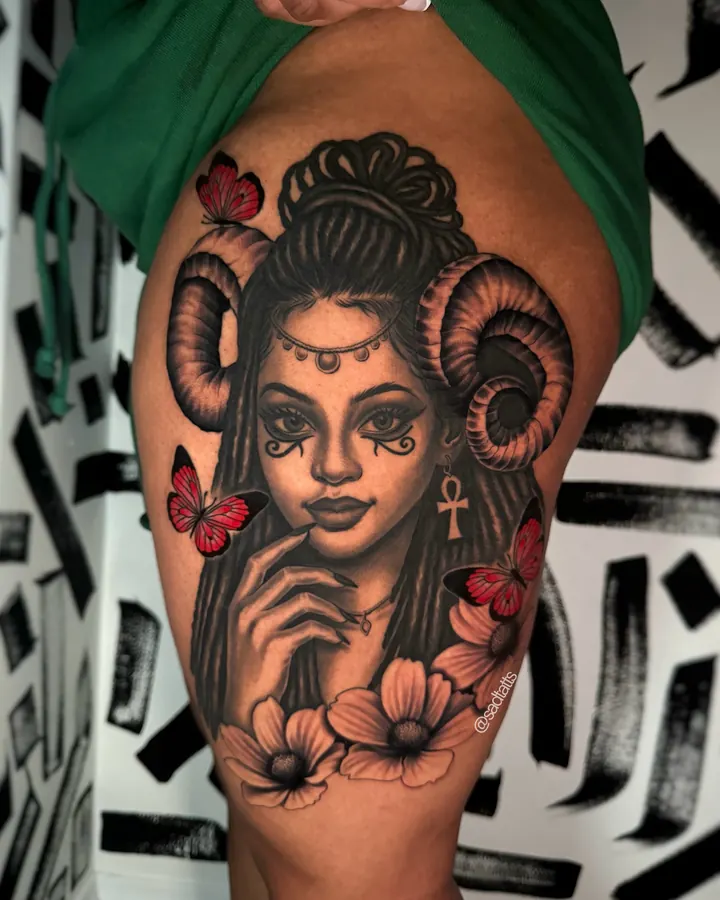 Black and grey tattoo by Dre: woman with ram horns and flowers, thigh